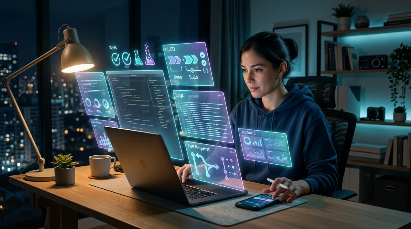 Developer remotely controlling AI coding and automation workflows with code, tests, and CI/CD icons