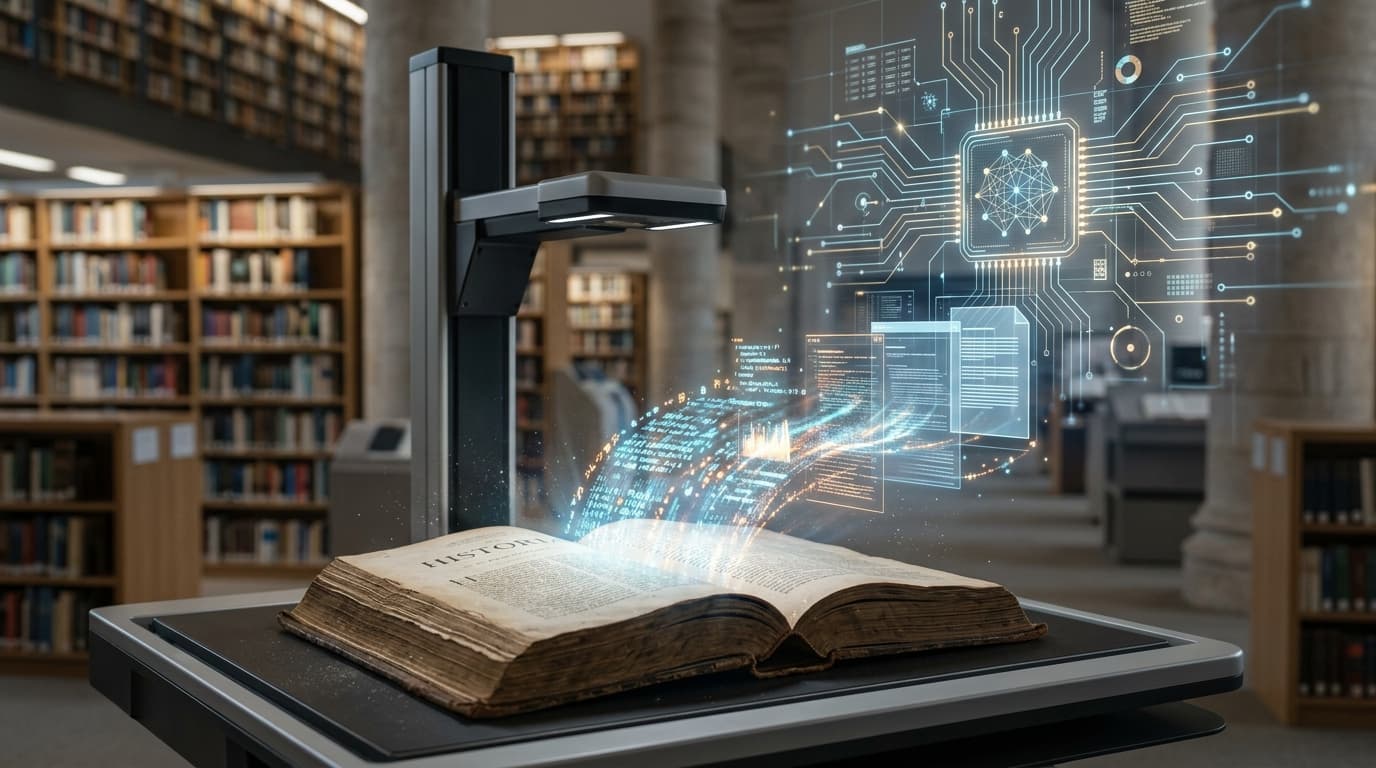 Old book scanning into digital text, with subtle AI circuit patterns in a library setting