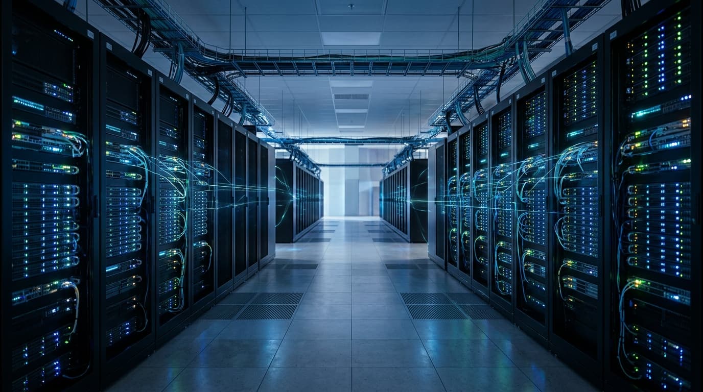 Modern AI data centre interior with server racks and glowing network connections