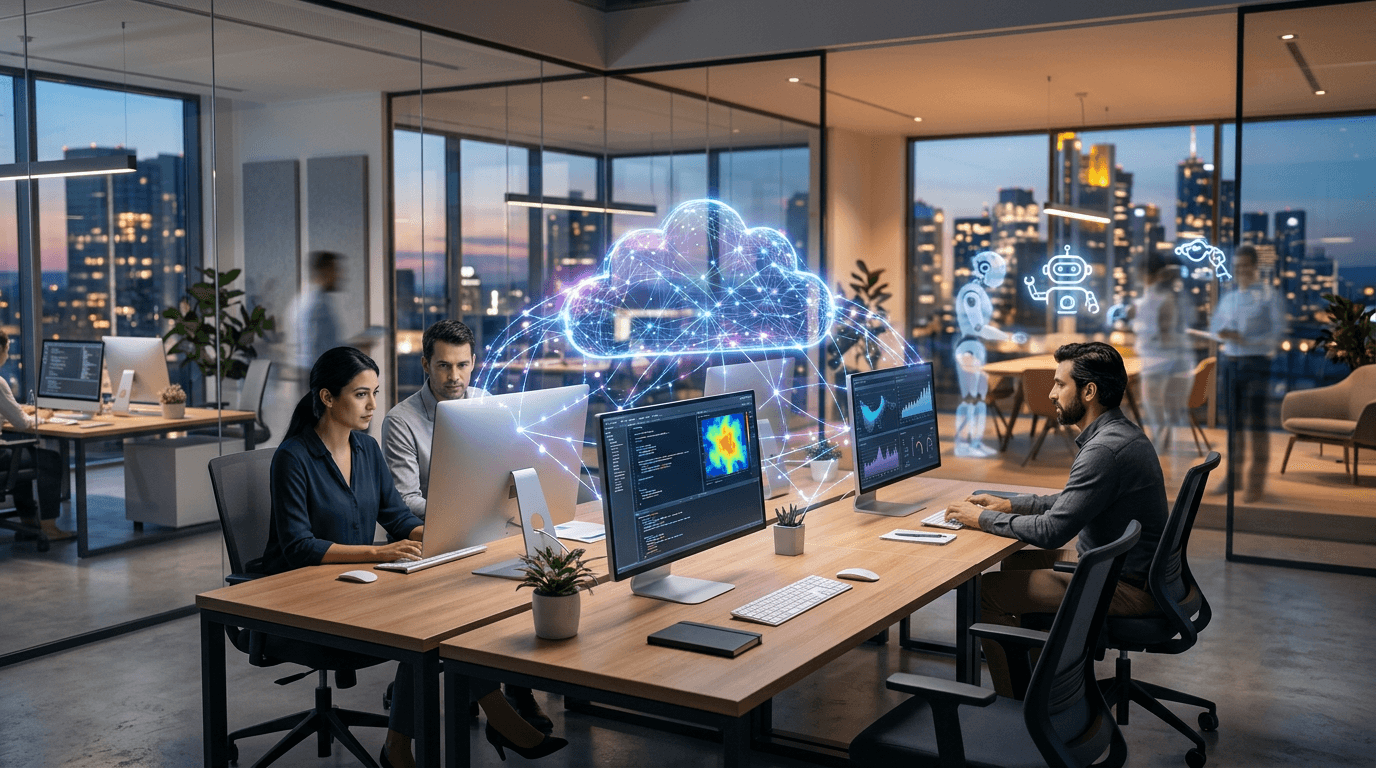 Cloud-based AI assistant collaborating with multiple screens in a modern office