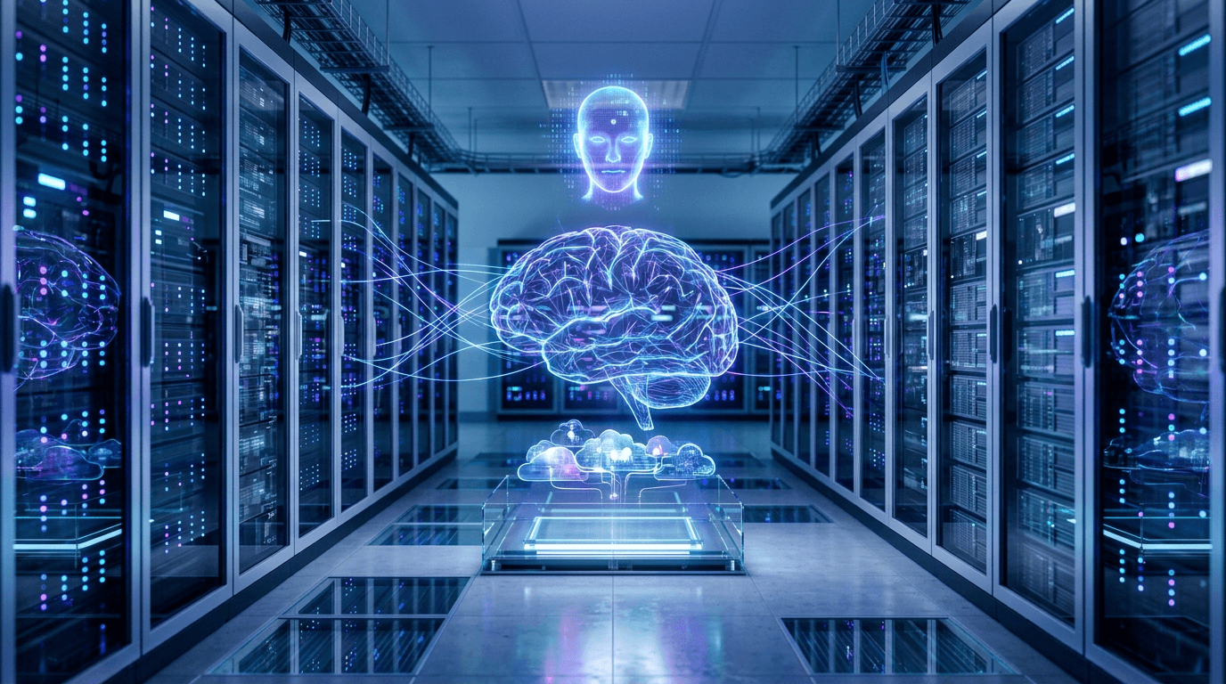 Abstract futuristic AI server room with holographic agent and neural network glow