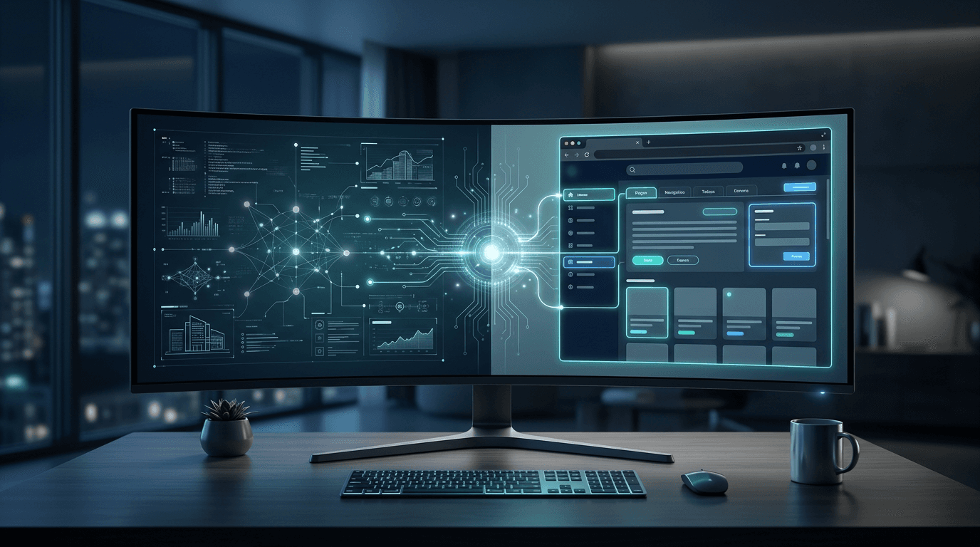 Illustration of an AI agent automating browser and desktop tasks with highlighted UI elements