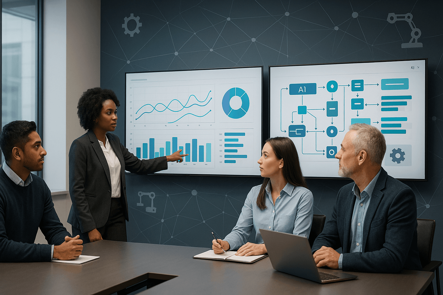 Team reviewing AI automation dashboards with abstract workflow visuals in the background