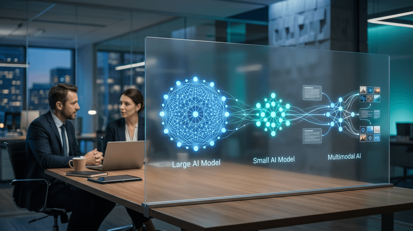 Abstract illustration of LLM, MML, and SLM concepts with connected AI network icons