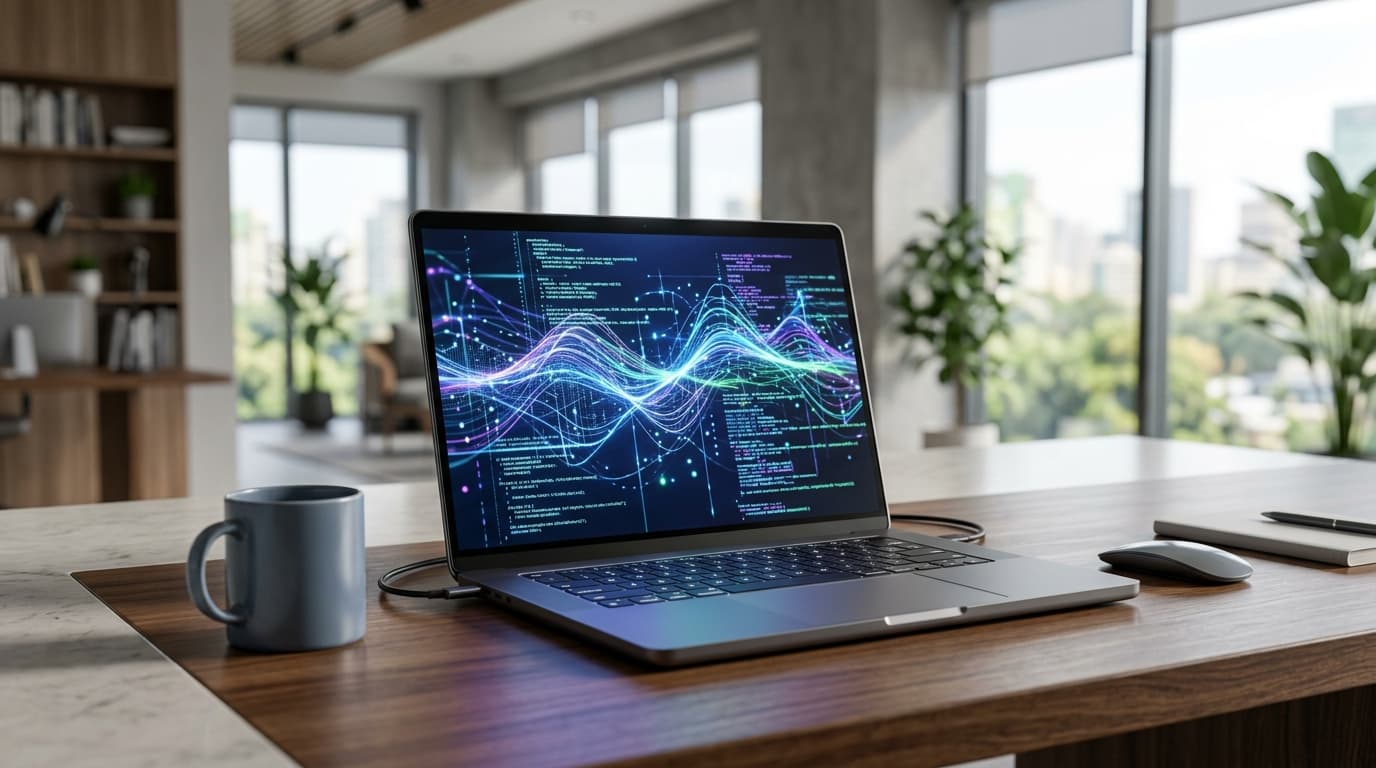 Modern laptop on a desk with subtle abstract on-device AI glow, no text