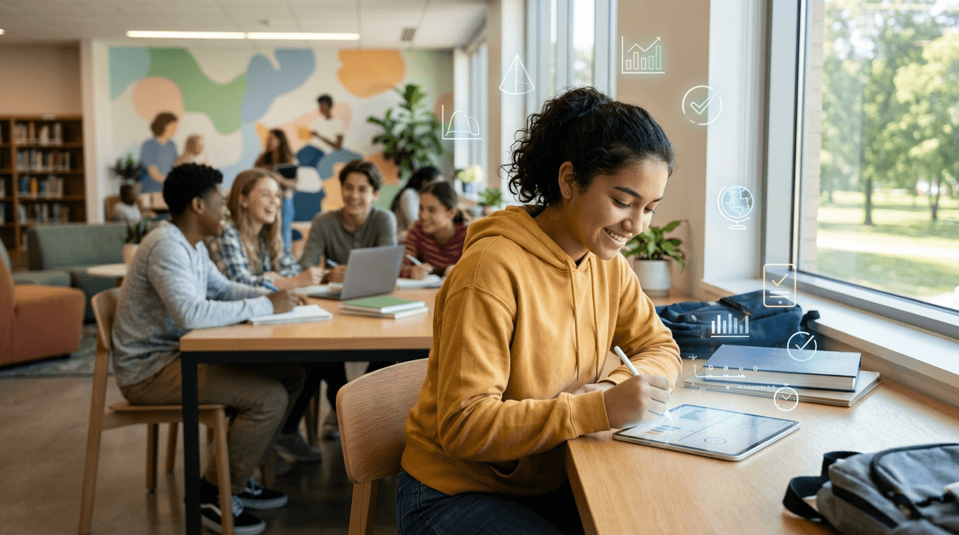 Illustration of a teen learning with AI study tools and age-appropriate safety cues