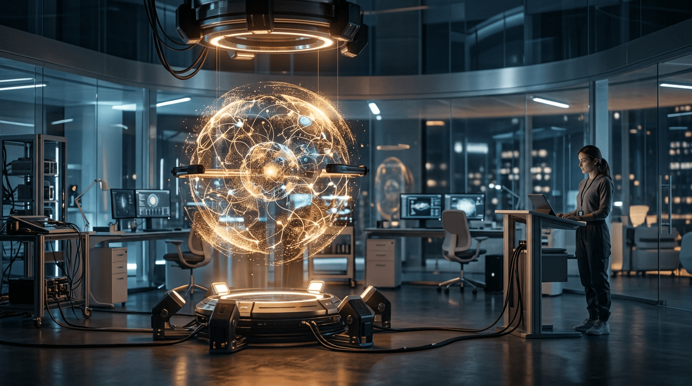Futuristic AI lab with a glowing holographic model sphere and safety-themed lighting, no text