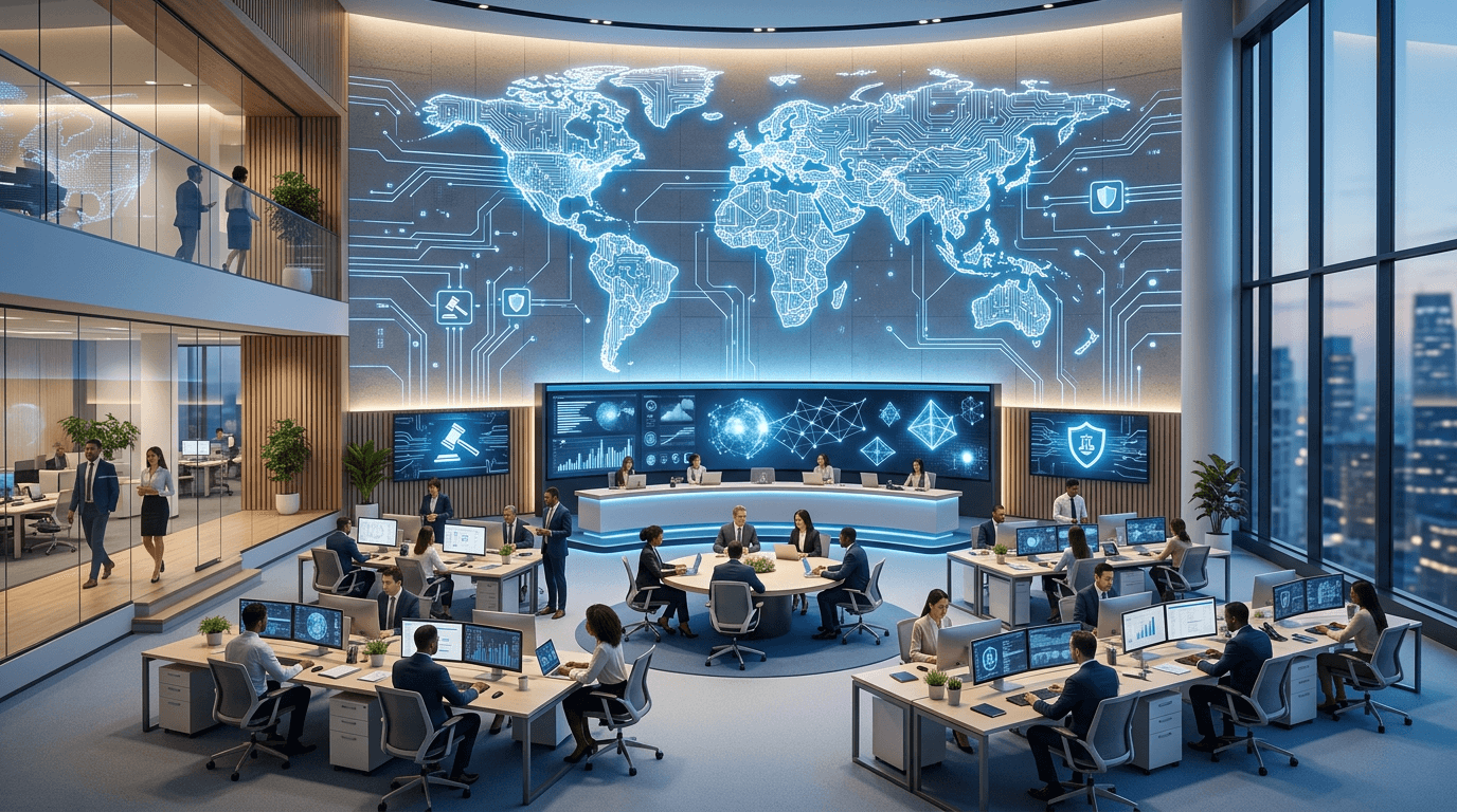 Illustration of a global AI headquarters with subtle legal compliance and circuit-map elements