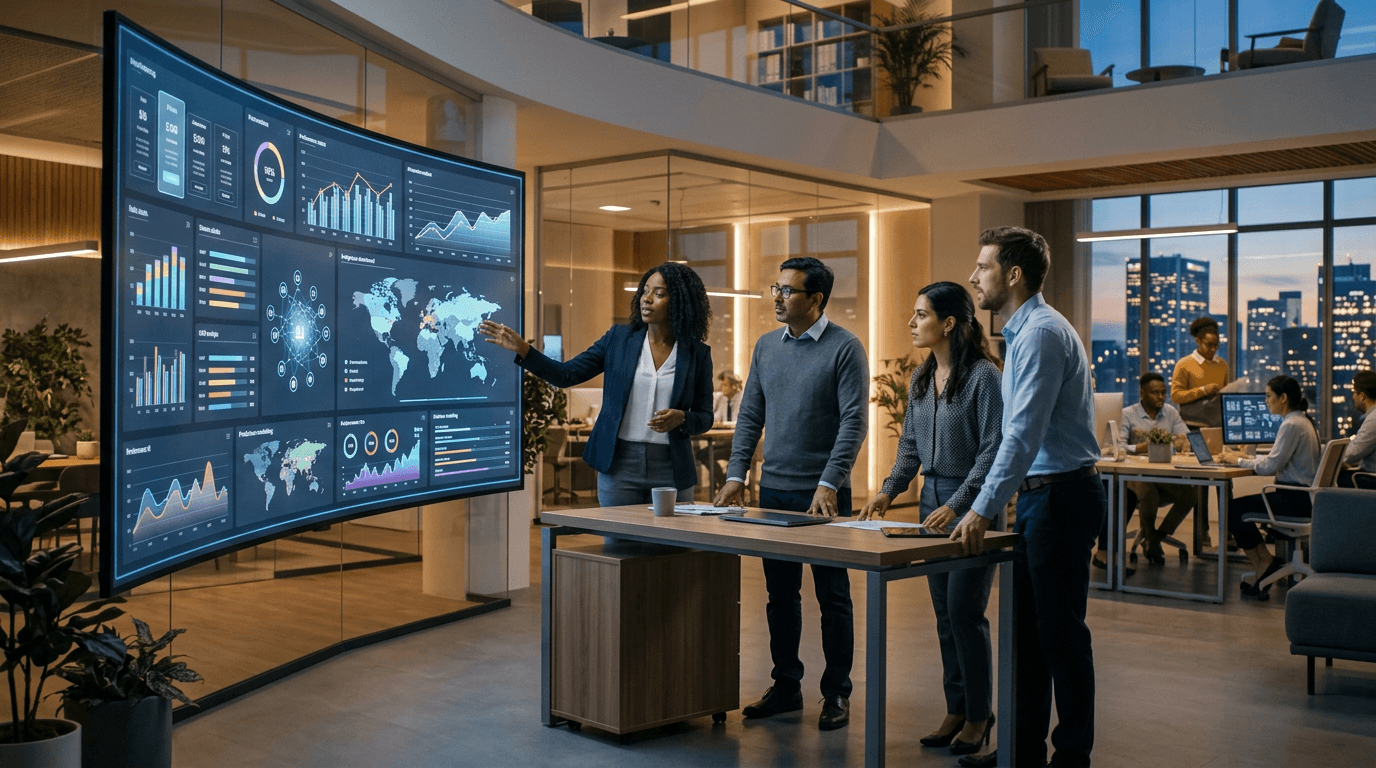 Professionals reviewing AI analytics dashboards for enterprise pricing changes