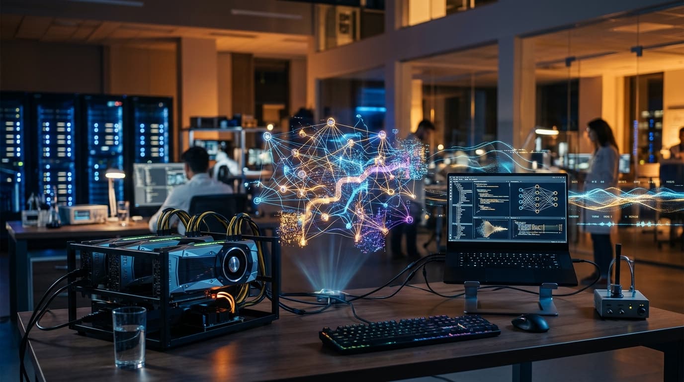 Developer lab with glowing GPUs and holographic neural network streams representing Qwen3.8-27B