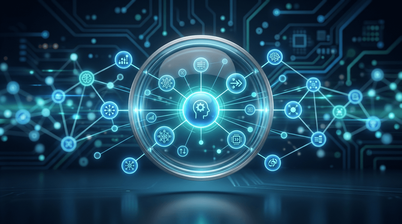 Illustration of AI agent discovery with glowing network nodes and a magnifying glass, no text