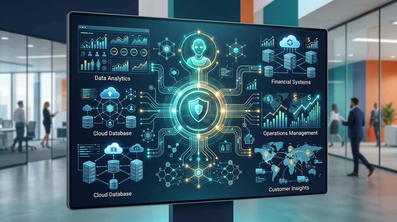 Abstract illustration of an AI assistant connecting to business tools via secure data links